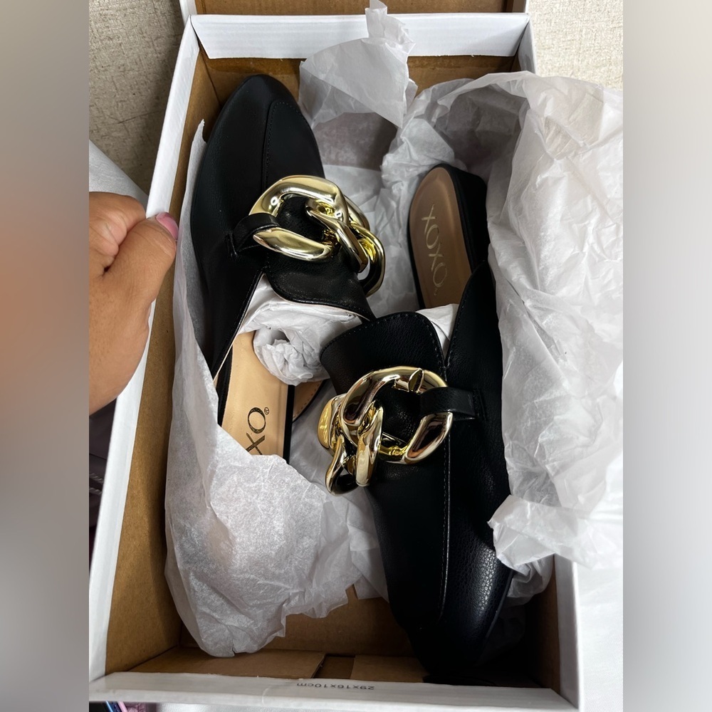 XOXO Black Mules with Gold Chain Accent - Picture 3 of 7